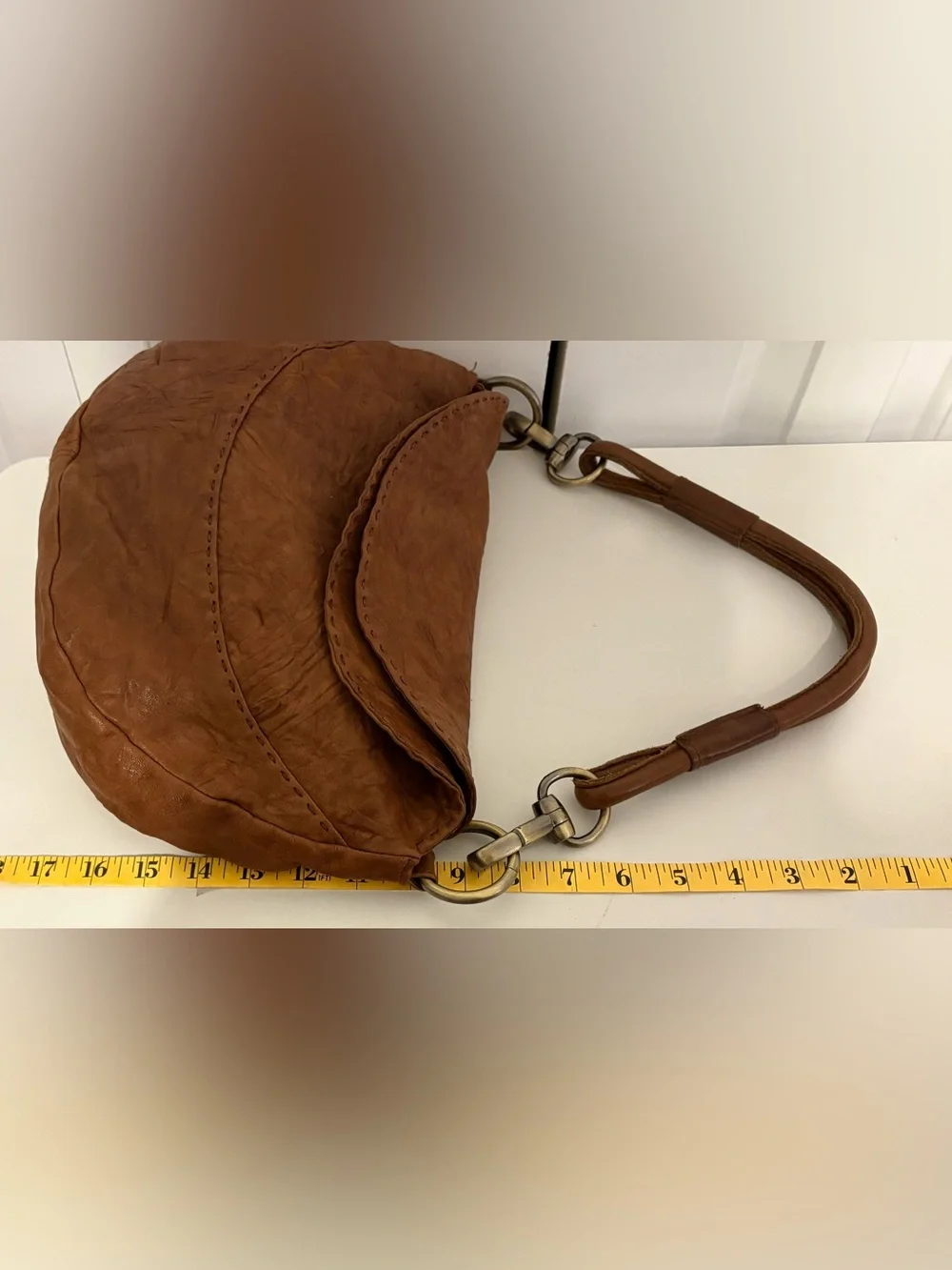 CARLA MANCINI Chestnut Brown Leather Hobo Shoulder Bag with Brass Ring Hardware